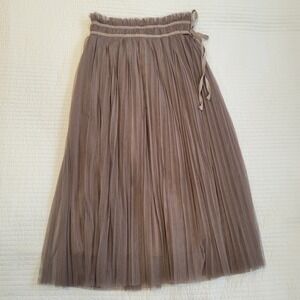 Melody Tulle Pleated Midi Skirt Mocha Brown Ribbon Tie Waist Size M